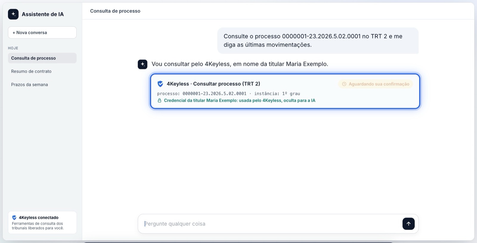 Assistente de IA pedindo confirmação para consultar processo pelo 4keyless